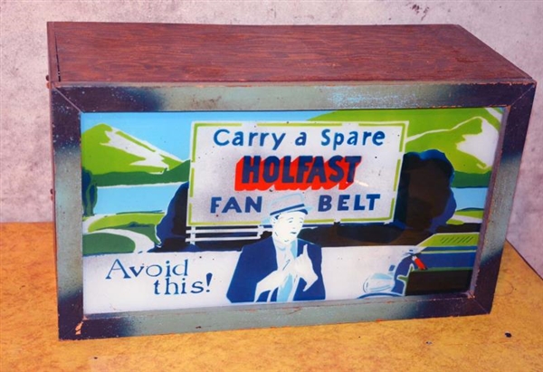 CARRY A SPARE HOLFAST FAN BELT LIGHTED DISPLAY.   