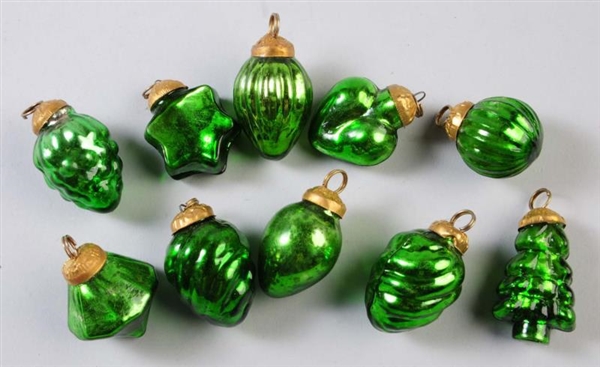 LOT OF 10: SMALL GREEN GLASS ORNAMENTS.           