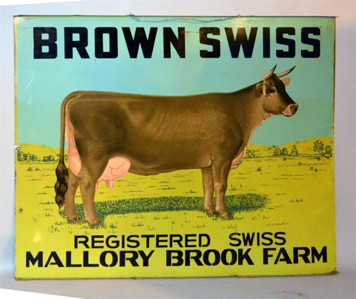 DOUBLE-SIDED TIN REGISTER BROWN SWISS SIGN.       
