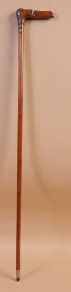WALKING CANE WITH PEWTER INLAY.                   