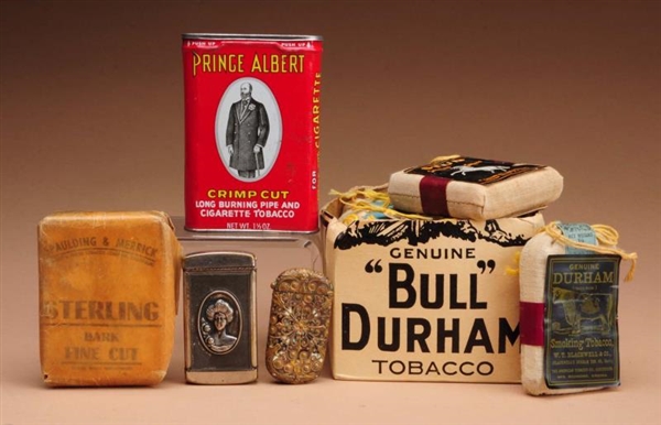 LOT OF TOBACCO PACKAGES AND MATCH SAFES.          