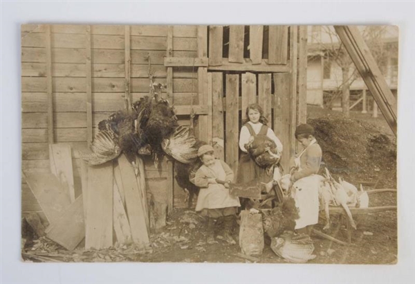 REAL PHOTO POSTCARD CHILDREN AX DRESSING POULTRY. 