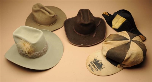 LOT OF 5: ASSORTED HATS.                          