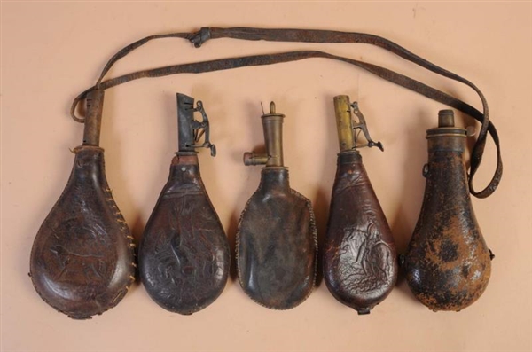COLLECTION OF 5: EARLY LEATHER COVERED BAG FLASKS 