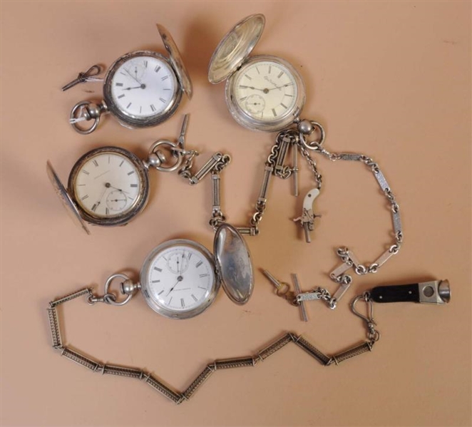 LOT OF 4: POCKETWATCHES WITH CHAINS.              