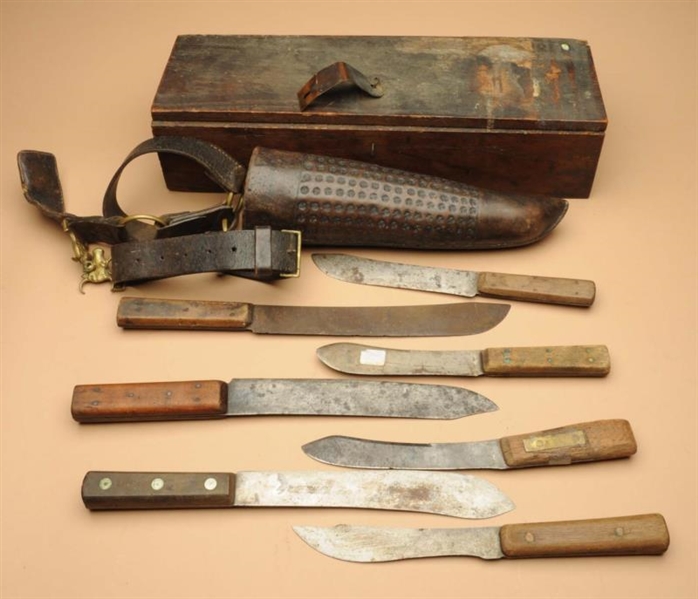 WOODEN BOX WITH HOUSEHOLD KNIVES.                 