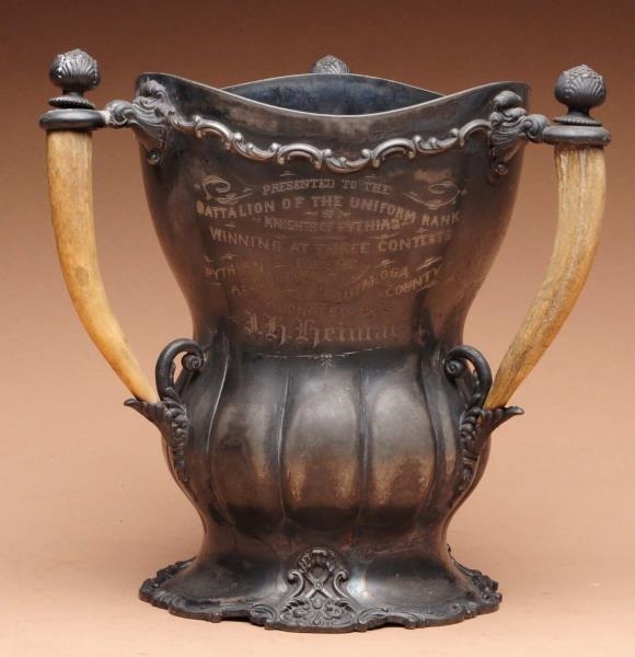 SILVER PLATE TROPHY WITH HORNS.                   