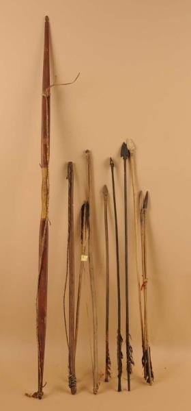 LOT OF 10: NATIVE AMERICAN ARROWS & BOWS.         