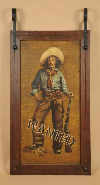 TWO-SIDED COWBOY SIGN PAINTED ON WOOD.            