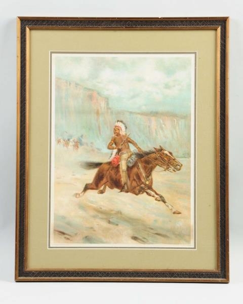 WATERCOLOR OF AN INDIAN ON A HORSE.               