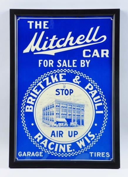 THE MITCHELL CAR EMBOSSED TIN SIGN.               