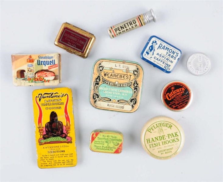 LOT OF 10: SMALL TINS.                            