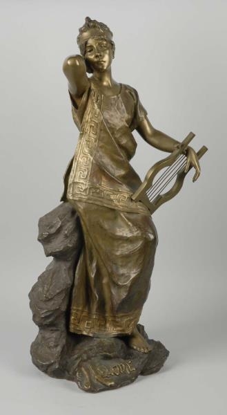 BRONZE OF MELODIE HOLDING HARP.                   