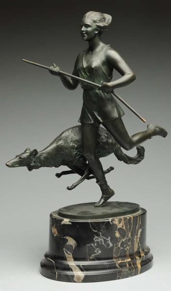 BRONZE LADY RUNNING WITH DOG.                     