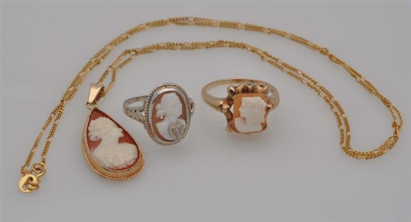 LOT OF 3: CAMEO GOLD JEWELRY PIECES.              