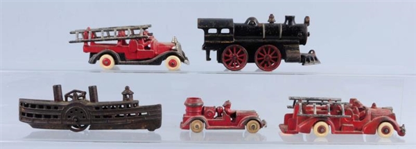 LOT OF 5: MISC. CAST IRON TOY & TRAINS.           