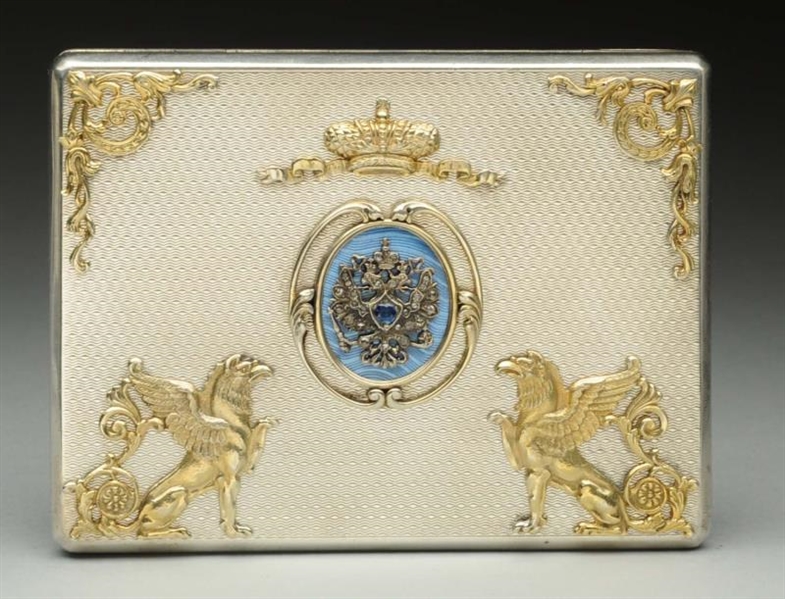 IMPERIAL RUSSIAN SILVER WITH GOLD TRIM CASE.      
