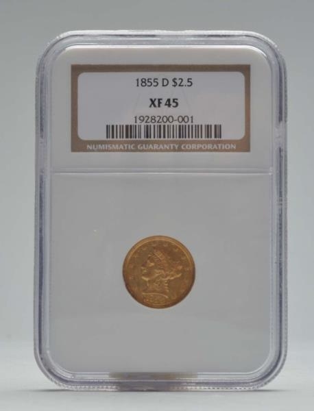 1855 D $2.5 DOLLAR GOLD COIN NGC XF45.            