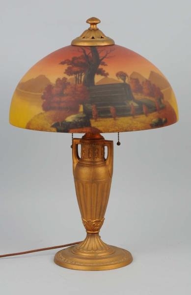 REVERSE PAINTED LAMP WITH BRONZE BASE.            