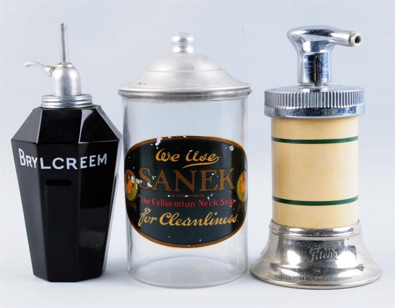 LOT OF 3: BARBER SHOP CANISTERS.                  