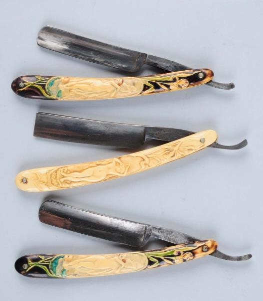 LOT OF 3: CELLULOID RAZORS WITH LADIES ON HANDLE. 