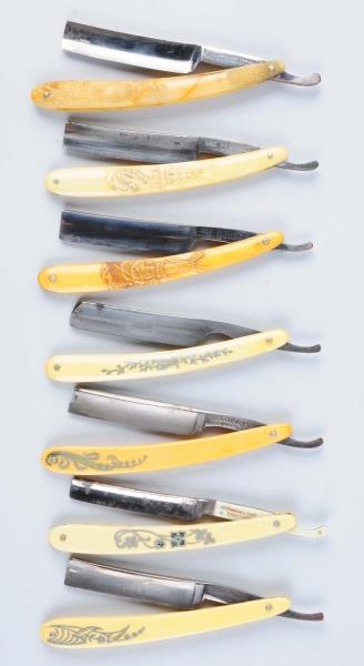 LOT OF 7: CELLULOID RAZORS WITH SILVER INLAYS.    