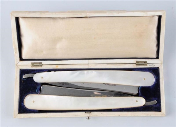 PAIR MAPPIN & WEBB MOTHER OF PEARL RAZORS & CASE. 