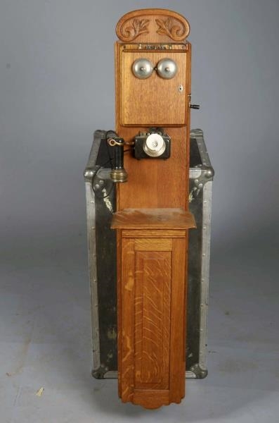 ANTIQUE LONG WALL MOUNT CARVED OAK TELEPHONE      