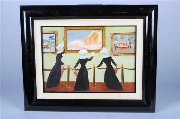 PAINTING IN FRAME FEATURES 3 NUNS LOOKING AT NUDE 