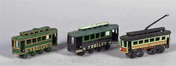 LOT OF 3 CAST IRON NO. 14 TROLLEY CARS            