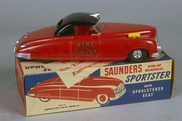 SAUNDERS PLASTIC WINDUP FIRE CHIEF CAR NO. 250    