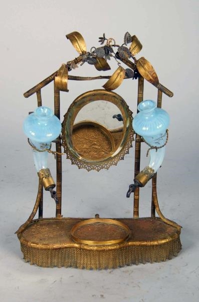 BRASS MIRRORED INKWELL DISPLAY W/ 2 GLASS SPOUTS  