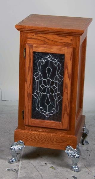 OAK SLOT MACHINE STAND WITH LEADED GLASS PANEL    