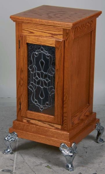 OAK SLOT MACHINE STAND WITH LEADED GLASS PANEL    