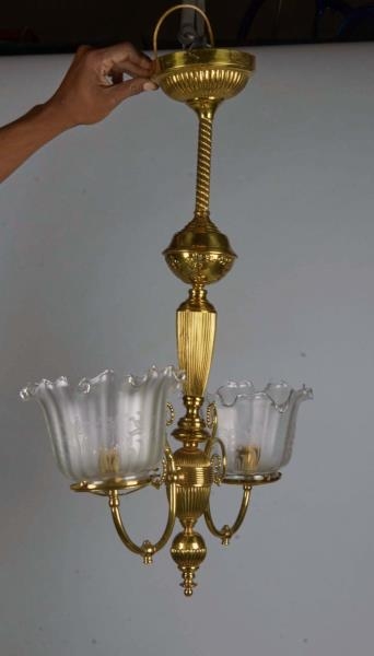 EARLY ORNATE BRASS HANGING 2-BRANCH LAMP          