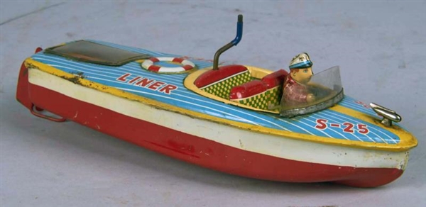 S-25 LINER TIN LITHO SPEED BOAT WIND-UP TOY       