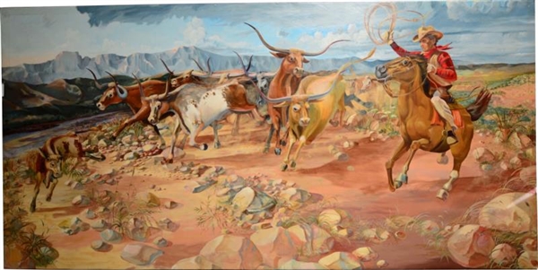 VERY LARGE WESTERN ROUND-UP SCENE OIL PAINTING    