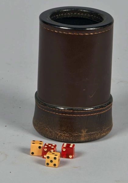 LOT OF 2: ANTIQUE LEATHER-BOUND CHEATING DICE CUP 
