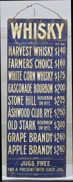 METAL WHISKY PRICES SINGLE SIDED HANGING SIGN.    