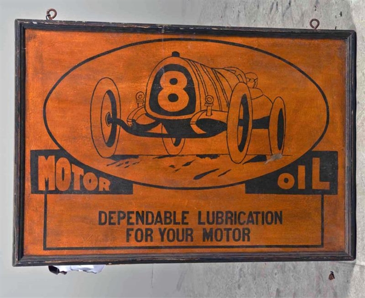 WOOD SELF FRAMED MOTOR OIL HANGING TRADE SIGN.    