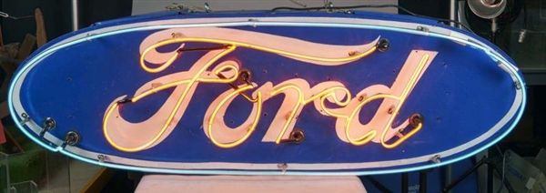 FORD LARGE DOUBLE SIDED NEON & METAL HANGING SIGN 