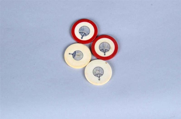 LOT OF 4: EARLY IVORY SCRIMSHAW GAMING CHIPS.     