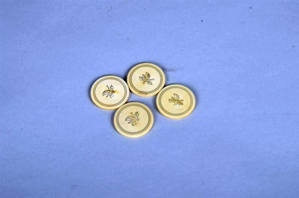 SET OF 4 EARLY IVORY SCRIMSHAW GAMING CHIPS       