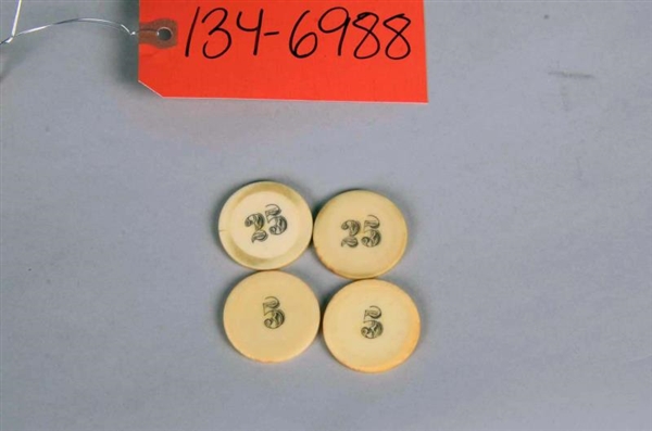 SET OF 4 EARLY IVORY SCRIMSHAW NUMBERED CHIPS     