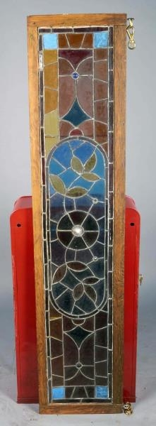 STAINED GLASS PANEL IN WOOD FRAME W/HANGING HOOKS 