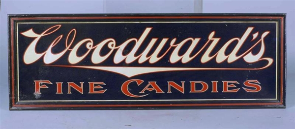 WOODWARDS FINE CANDIES EMBOSSED PRESSED TIN SIGN 