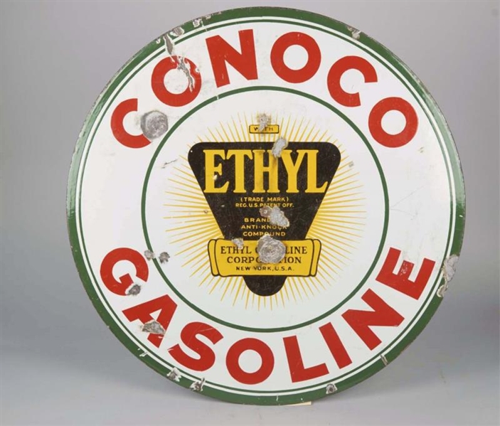 CONOCO GASOLINE DOUBLE-SIDED ROUND PORCELAIN SIGN 