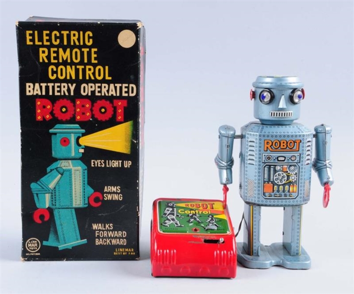 BATTERY-OPERATED TIN LITHO REMOTE CONTROL ROBOT.  
