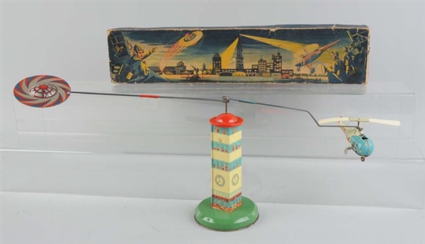 GERMAN TIN LITHO WIND-UP STATOCOPTER SPACE TOY.   