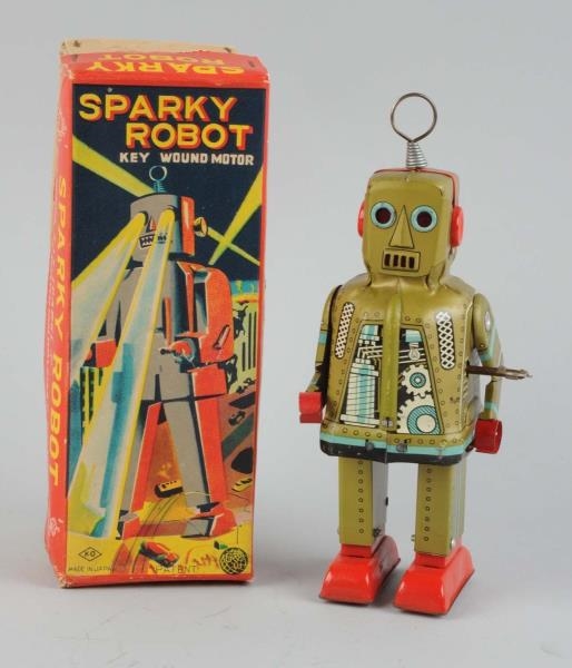 TIN WIND-UP SPARKY ROBOT IN ORIGINAL BOX.         